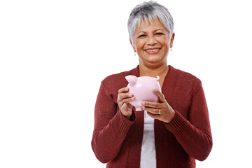 Isolated senior woman, piggy bank and portrait with smile, saving and finance by transparent png...
