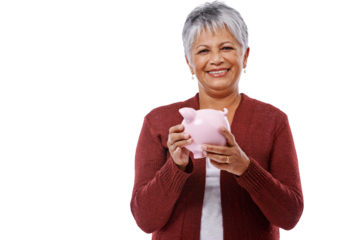 Isolated senior woman, piggy bank and portrait with smile, saving and finance by transparent png background. Happy elderly lady, savings and investment with money, budget and investing for retirement