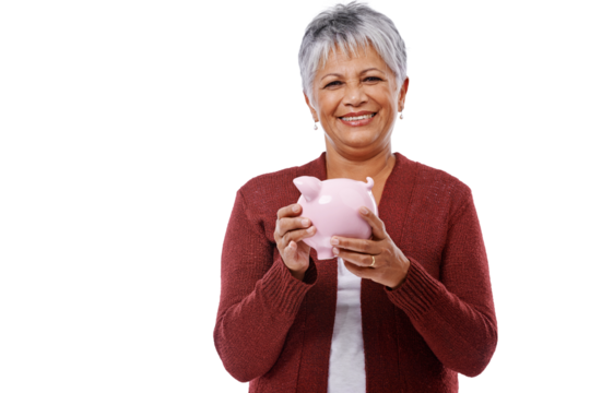 Isolated senior woman, piggy bank and portrait with smile, saving and finance by transparent png background. Happy elderly lady, savings and investment with money, budget and investing for retirement - Powered by Adobe