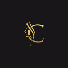 gold colored initial c combined with female face indicating beauty use for salon, hair, business, logo, design, vector, company, branding, and more