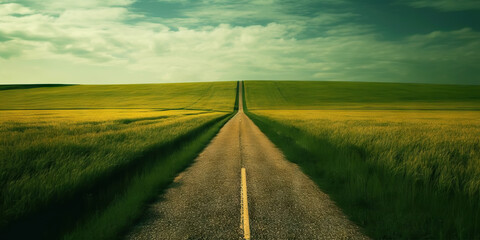 Fototapeta premium Beautiful grassland road. Minimalistic highway in countryside. Generative AI