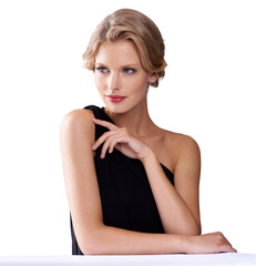 Obraz premium Beauty, fashion and makeup with woman on transparent background for glamour, elegant and luxury. Fancy, prom and cosmetics with face of female model on png for classy, party dress and style