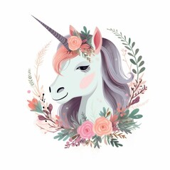  cute unicorn portrait Illustration,  floral, white background 