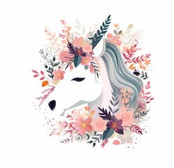 Fototapeta na wymiar cute unicorn portrait Illustration, floral, white background 