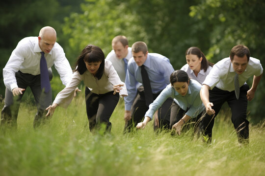 A group of business professionals participating in a team-building exercise or activity in a beautiful and natural outdoor setting Generative AI
