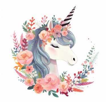  cute unicorn portrait Illustration,  floral, white background 