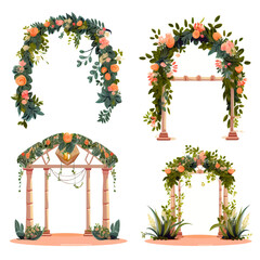 set of vector wedding altars for the marriage ceremony decorated with flowers 