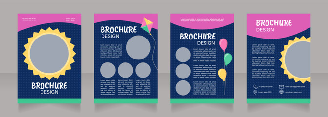Preschool party announcement blank brochure design. Template set with copy space for text. Premade corporate reports collection. Editable 4 paper pages. Caveat Brush, Acumin, Arial fonts used
