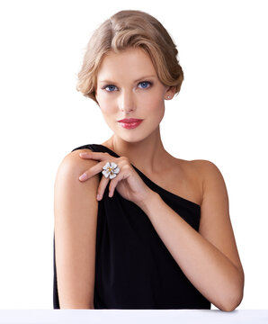 Elegant style, makeup and jewellery of a woman isolated on transparent, png background for gala or prom. Aesthetic female model with cosmetics, luxury fashion or beauty and ring for classic event