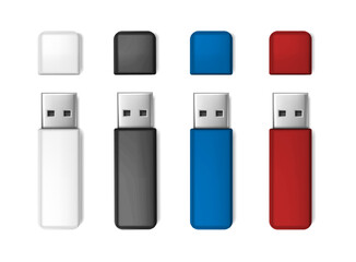 3d realistic vector icon set. White, blue, red  and black usb flash drive mock up.