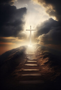 The roadway to the Kingdom of Heaven which leads to salvation and paradise with God with a cross showing the way, computer Generative AI stock illustration image
