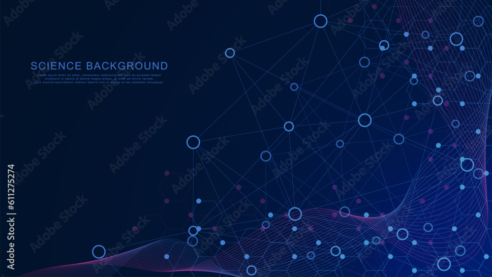 Poster abstract circle and lines connection with hexagon shapes and wave flow. medical dna research, geneti