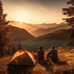 Fototapeta na wymiar Mountain Retreat: Friends Embrace the Sunset at Camping Site