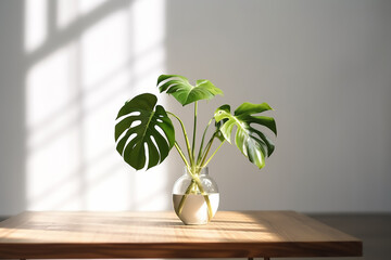 Monstera plant in the clear glass vase lies on the flat white wall background