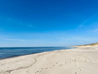 Fototapeta na wymiar Blue sea horizon and white sandy coastline, wild empty sandy beach, blue sea horizon