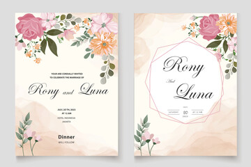 wedding invitation card with floral frame. pink floral and white background, abstract background, design can be used for social media