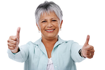 Isolated senior woman, portrait and thumbs up with smile, winning or yes for goal by transparent png background. Elderly lady, winner and hands for icon, emoji or agreement with success, like or sign