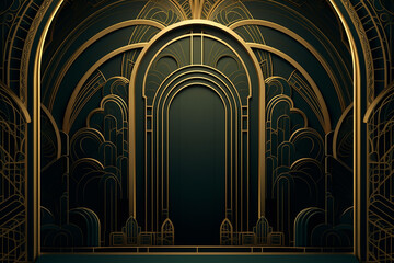 Golden arch, symmetrical ornament with golden elements on green. Architectural ornament in art deco style. © Mariant