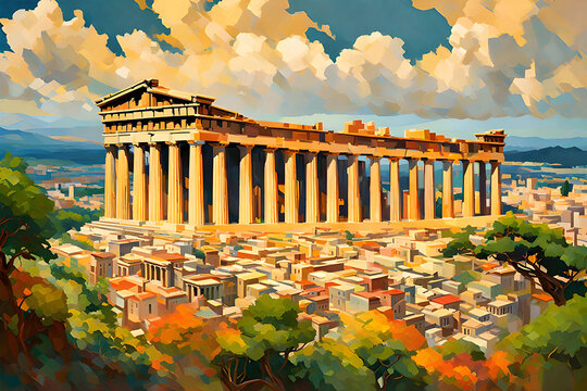 In this beautifully depicted illustration, the Parthenon emerges as a symbol of classical beauty and cultural heritage, transporting you to the golden age of Athens. | Generative AI