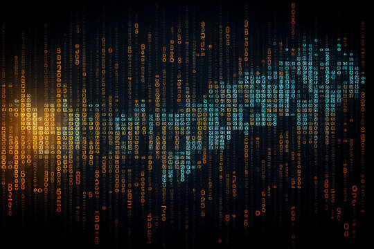 Binary computer matrix code data stream background showing a coding transmission over the global internet network for cloud storage encryption, Generative AI stock illustration image
