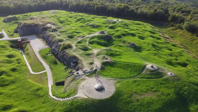 Fort Douaumont, first world war, Verdun, France. Flying around the hole complex, bomb crates at the surface