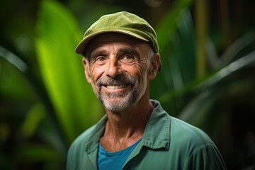 Environmental portrait photography of a glad mature man wearing a cool cap against a lush tropical jungle background. With generative AI technology - obrazy, fototapety, plakaty