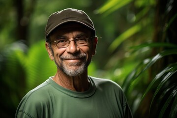 Naklejka na ściany i meble Environmental portrait photography of a glad mature man wearing a cool cap against a lush tropical jungle background. With generative AI technology