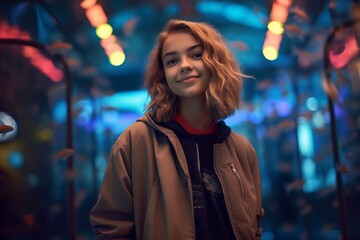 Medium shot portrait photography of a grinning mature girl wearing a sleek bomber jacket against a vibrant aquarium background. With generative AI technology