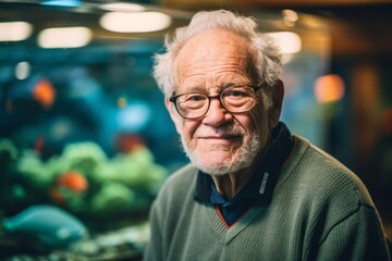 Close-up portrait photography of a satisfied old man wearing a cozy sweater against a vibrant aquarium background. With generative AI technology