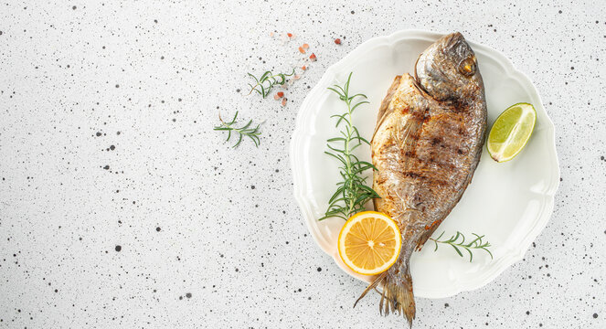 Dorado fish sea bream baked on a light background. Long banner format. top view