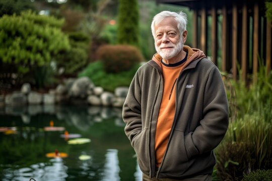 Lifestyle portrait photography of a glad old man wearing a cozy zip-up hoodie against a tranquil koi pond background. With generative AI technology