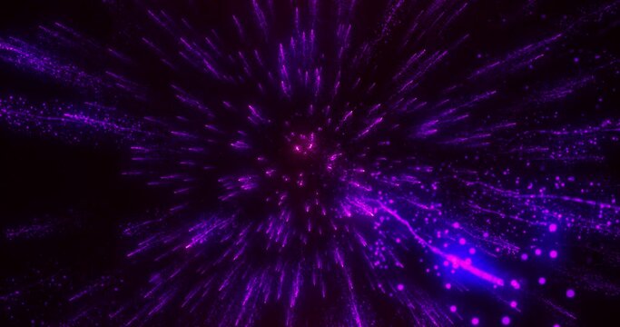 Explosion of colored neon particles, Big bang, Explosion of pink-purple glowing dust particles. The speed of light. Neon glowing rays in motion. bright fireworks, space glow, stars. Seamless loop