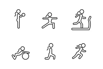 Vector set of fitness people line icons.