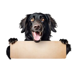 Realistic dog photo holding tan paper blank sign , silly dog smiling 