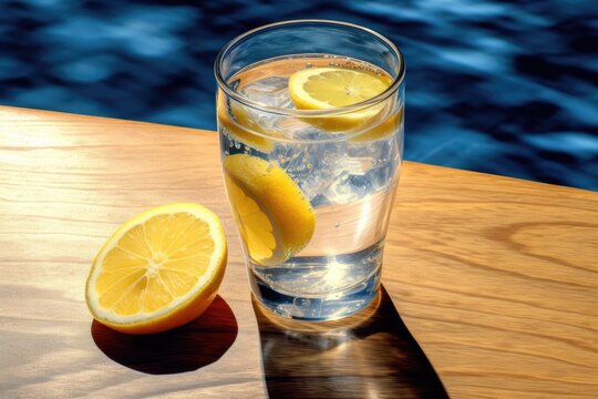 glas of cold sparkling lemon water with lemons - created using generative Ai tools