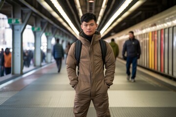 Fototapeta premium Medium shot portrait photography of a glad boy in his 30s wearing a chic jumpsuit against a bustling subway station background. With generative AI technology