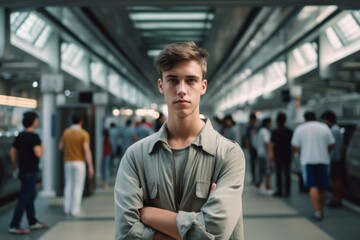 Obraz premium Medium shot portrait photography of a glad boy in his 30s wearing a chic jumpsuit against a bustling subway station background. With generative AI technology