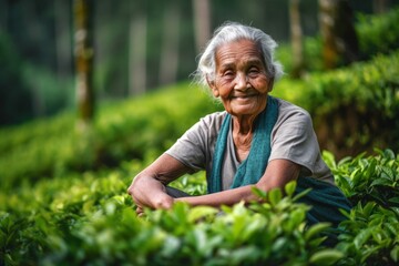 Naklejka na ściany i meble Environmental portrait photography of a happy old woman wearing a stylish tank top against a serene tea garden background. With generative AI technology