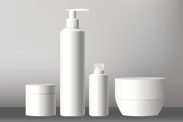 Blank cosmetic packaging mockup. Jar, bottle with press pump, small and tall bottles.
