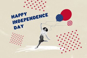 Collage illustration postcard banner happy independence day united states of america girl run air balloons isolated on grey background