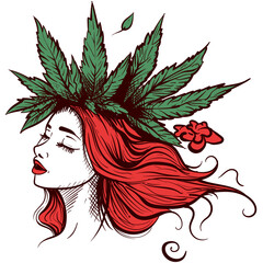 Digital illustration of a redhead woman with green marijuana leaves on her hair. Sketch vector of a girl with floral decorations