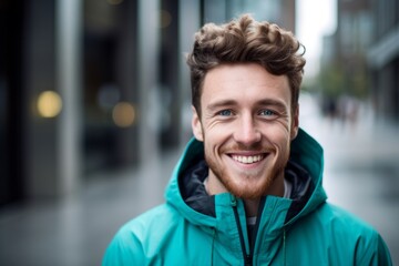 Close-up portrait photography of a happy boy in his 30s wearing a lightweight windbreaker against a modern office building background. With generative AI technology