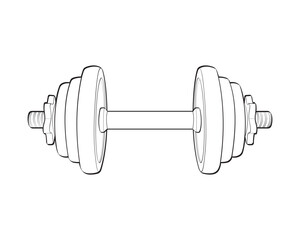 Heavy sport dumbbell for gymnastics, outline sketch vector isolated with white background.