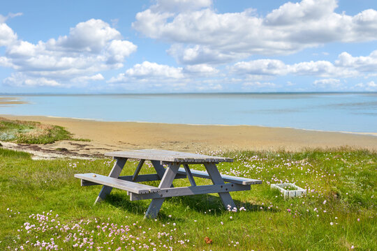 Picnic table, beach and landscape with nature and travel, environment and coastal location in Denmark. Ocean view, fresh air and natural scenery with seaside destination, land and journey with meadow