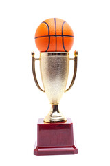 Gold cup with basketball ball isolated on white background