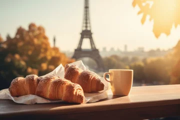 Selbstklebende Fototapete Paris French croissant coffee tower. Generate Ai