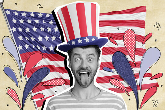 Picture collage of crazy funny excited usa citizen celebrate holiday fourth July stick tongue out wear patriotic cylinder headwear