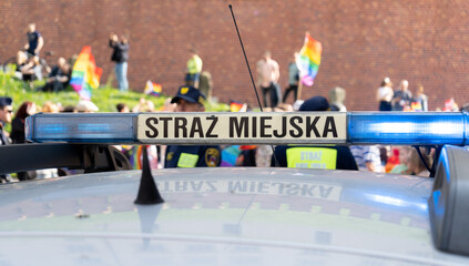 Municipal Police car lightbar emergency lights. Letters in Polish language, Straż Miejska means...