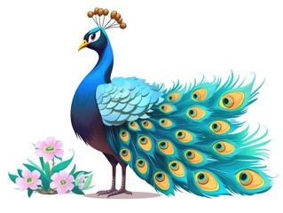 Fototapeta premium Peacock in Cartoon Style on white background - generative AI