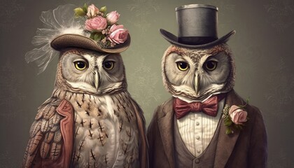 An illustration of owls wearing Victorian clothing as animals. (Illustration, Generative AI)
